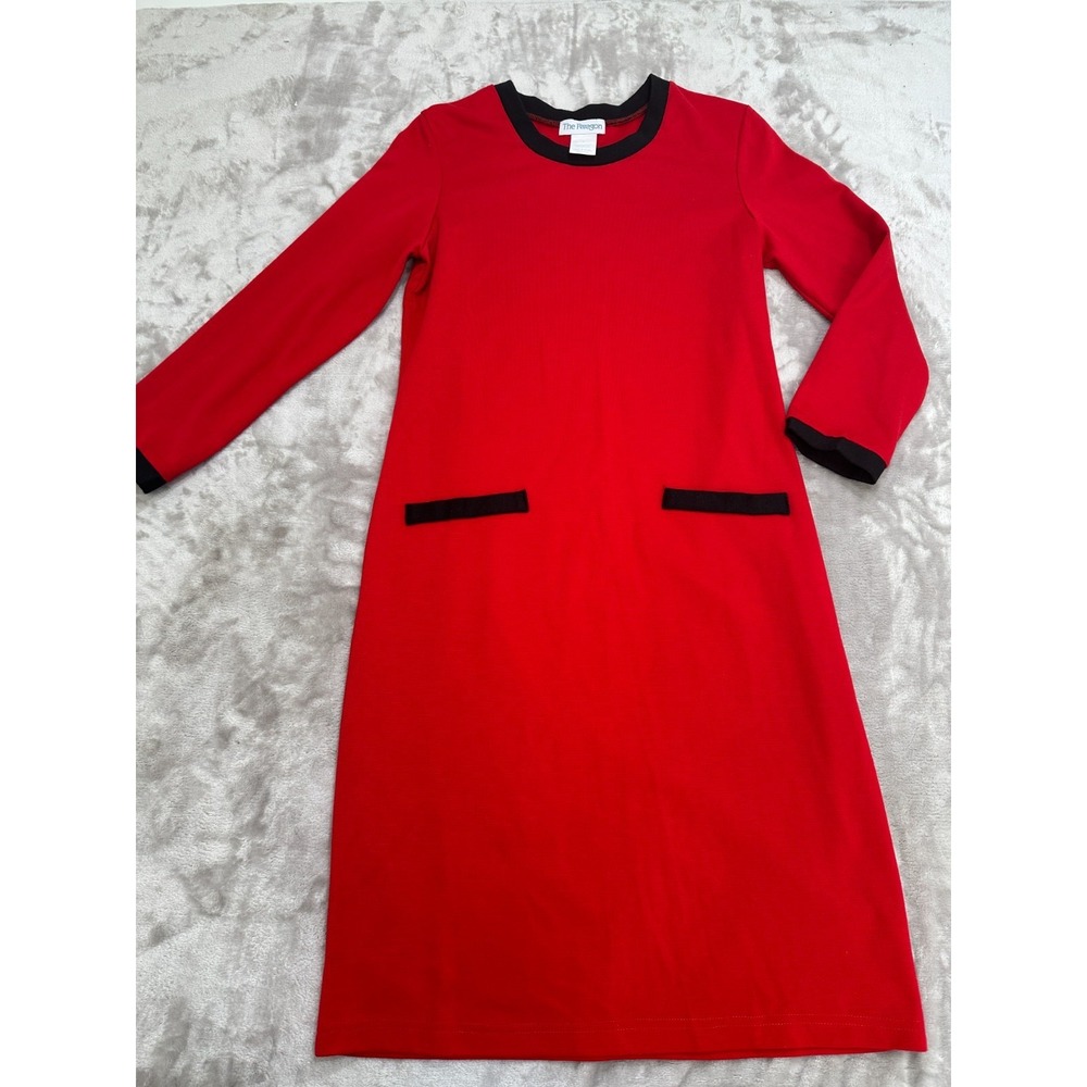 The‎ Paragon Dress Midi Women's Size Small Red Faux Pockets Long Sleeve EUC